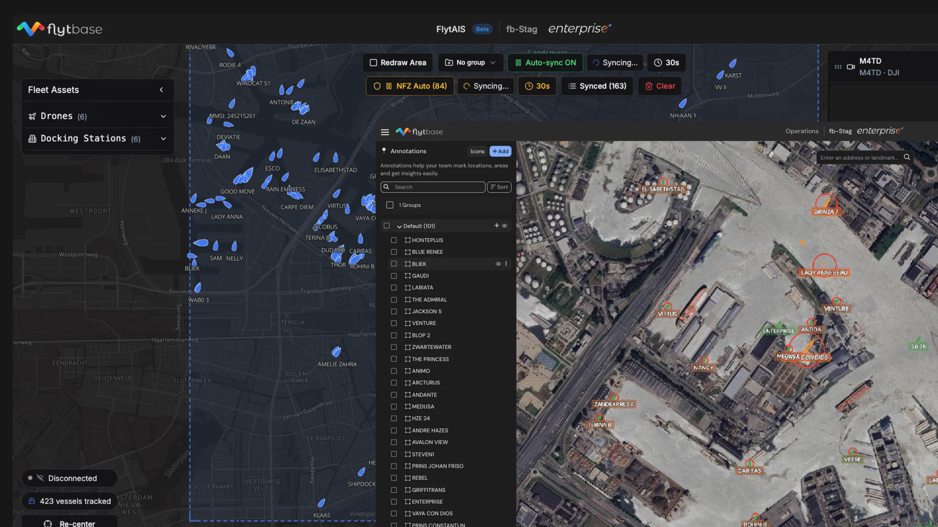 Flyt-AIS map with live vessel positions, annotations panel, and port satellite overlay