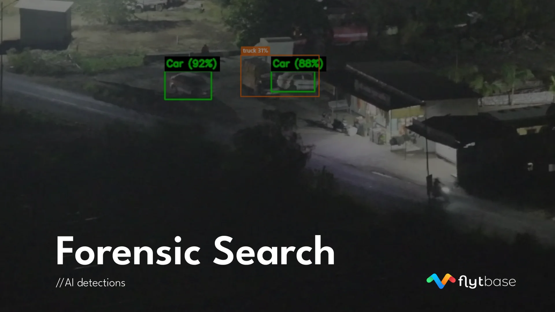 Forensic Search frame showing AI object detection bounding boxes on a drone clip