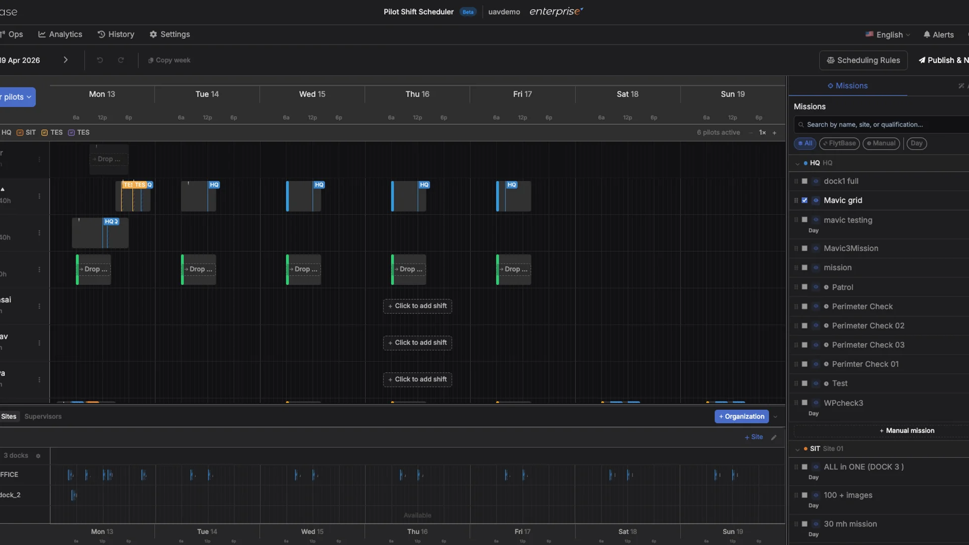 Pilot Shift Scheduler weekly Gantt timeline with pilot rows and mission panel