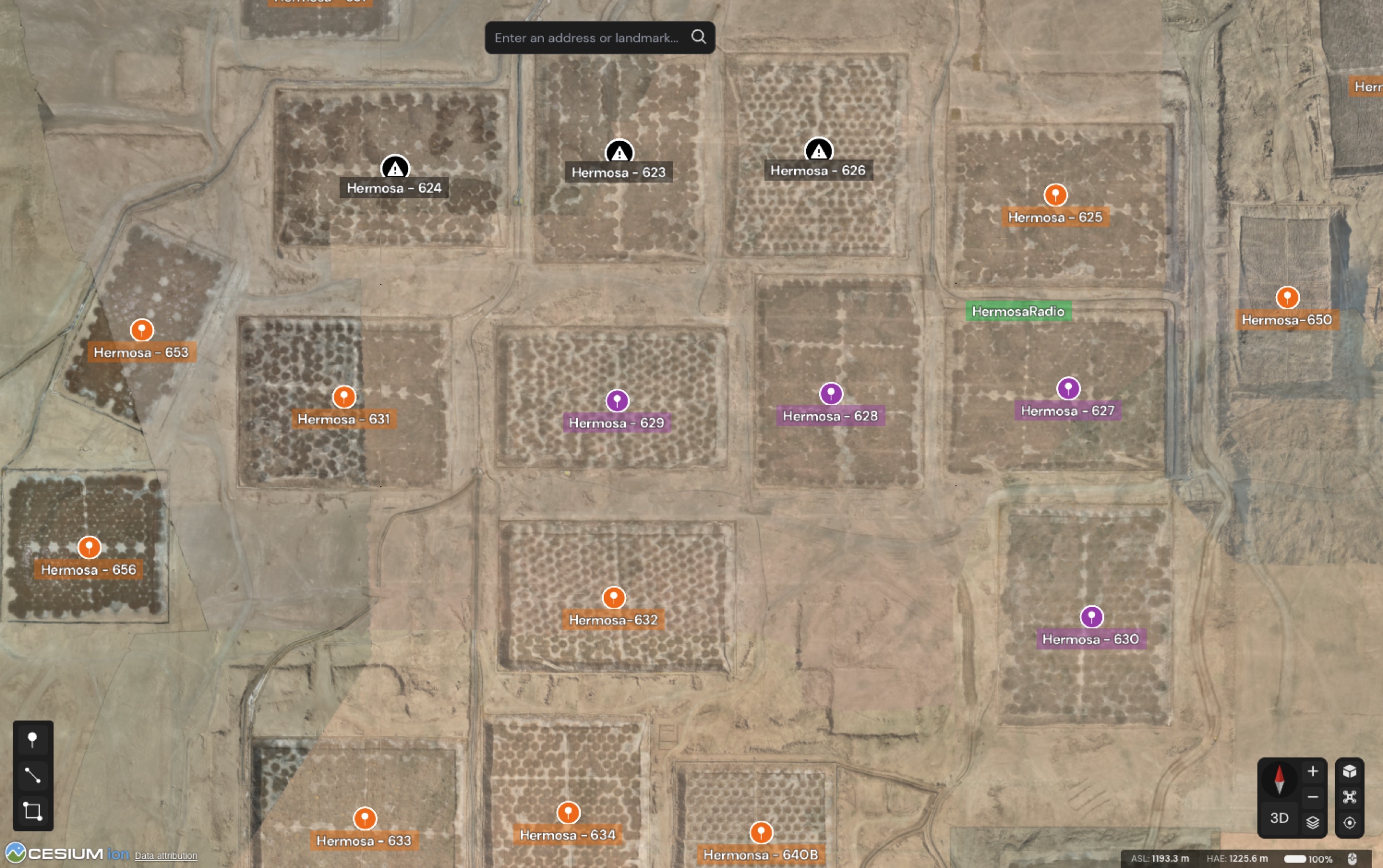 SQM Hermosa mine mapped in Cesium with autonomous patrol pin labels across each pit