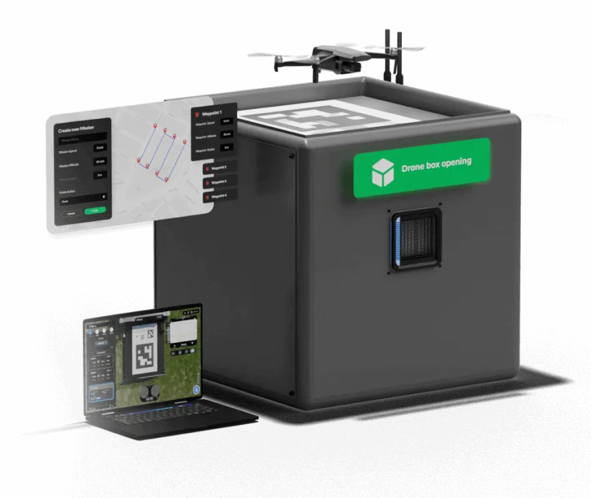 Drone landing on a DiaB docking station with the FlytBase mission planner alongside