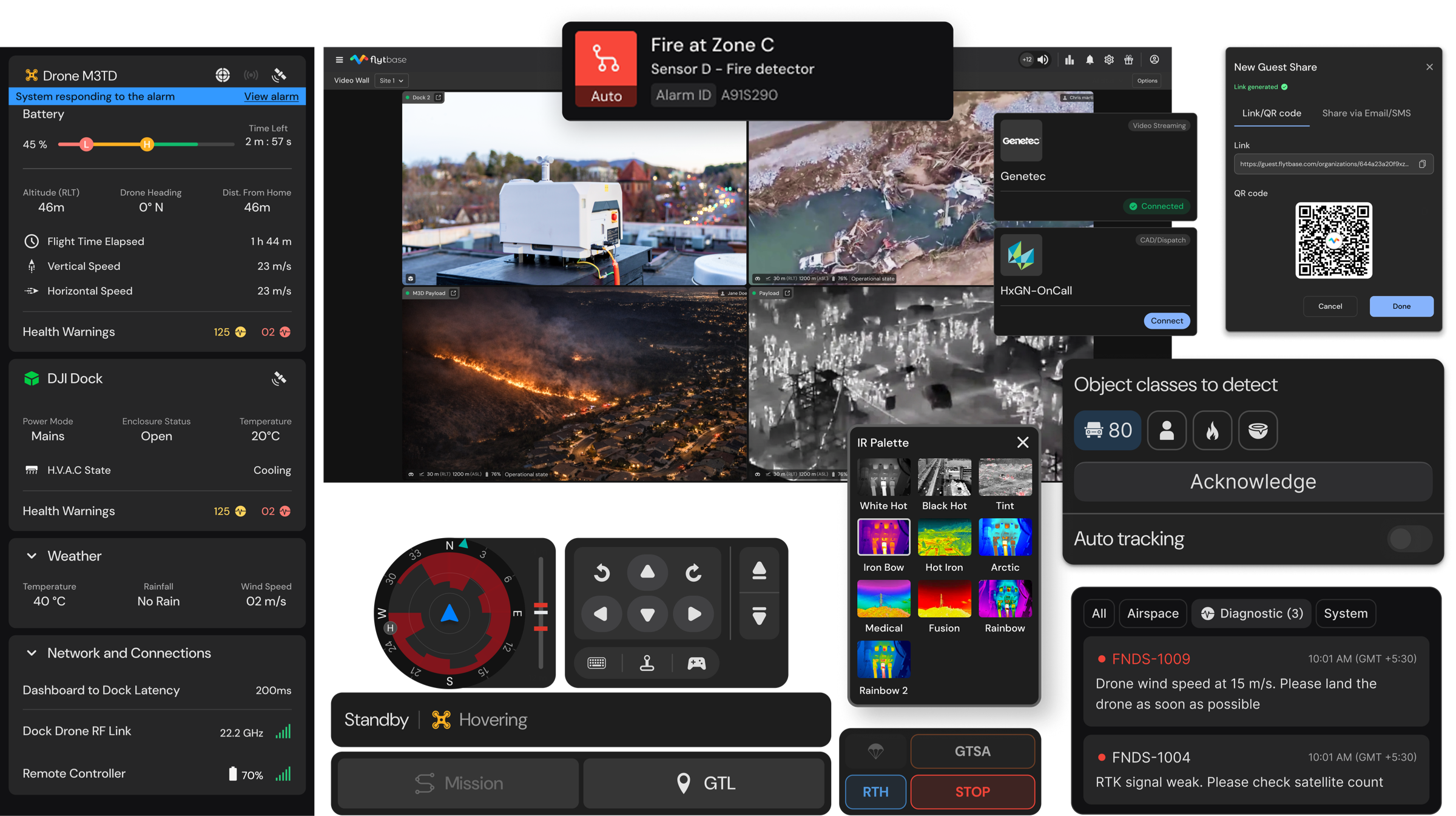 FlytBase drone software console — telemetry, payload control, AI palettes, alarm cards, and guest-share QR overlay